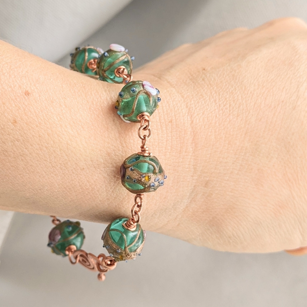 Venetian Emerald Glass Bead Copper Bracelet Textured Colorful Handmade
